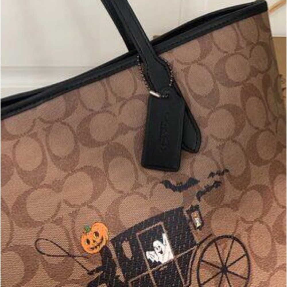 Coach Brown Signature Canvas Tote with Black Handles and Orange Interior - Picture 2 of 6